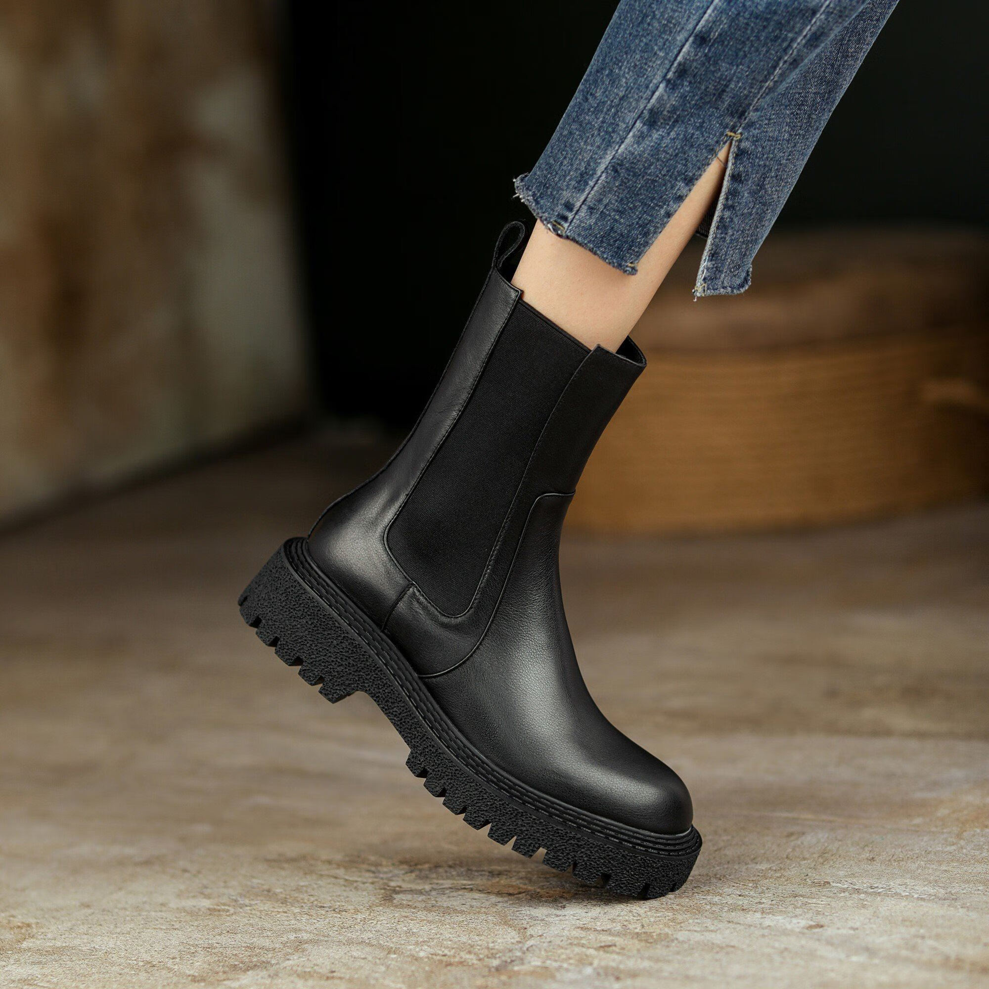 ck 2022秋冬新款厚底真皮烟筒靴女英伦风切尔西靴短靴圆头马丁机车靴