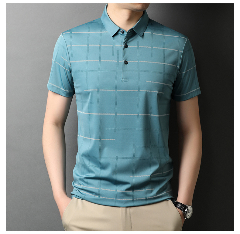 潮流锦纶青年夏装短袖t恤休闲翻领宽松polo衫男士格子体恤半袖衣 深