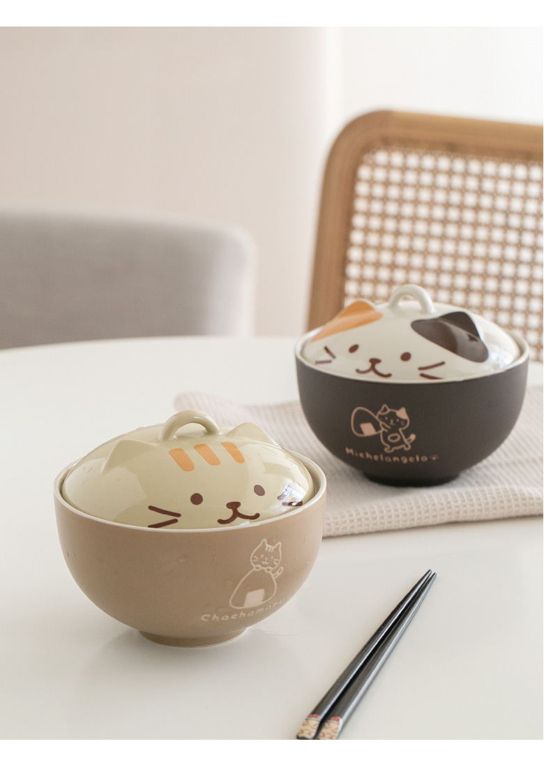 日单小猫萌物带盖碗微波炉煮饭碗可爱泡面碗日式陶瓷餐具七点生活
