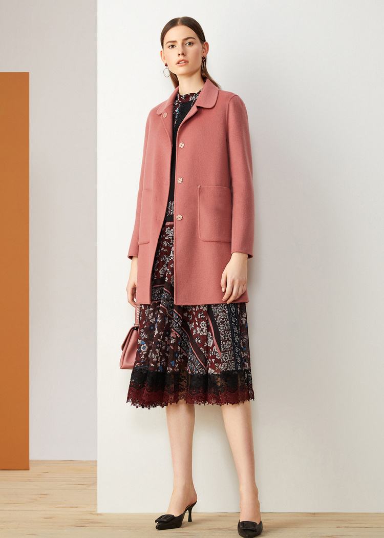 yiner音儿女装2019冬季新款时尚中长款羊毛含羊绒双面呢大衣粉色16540