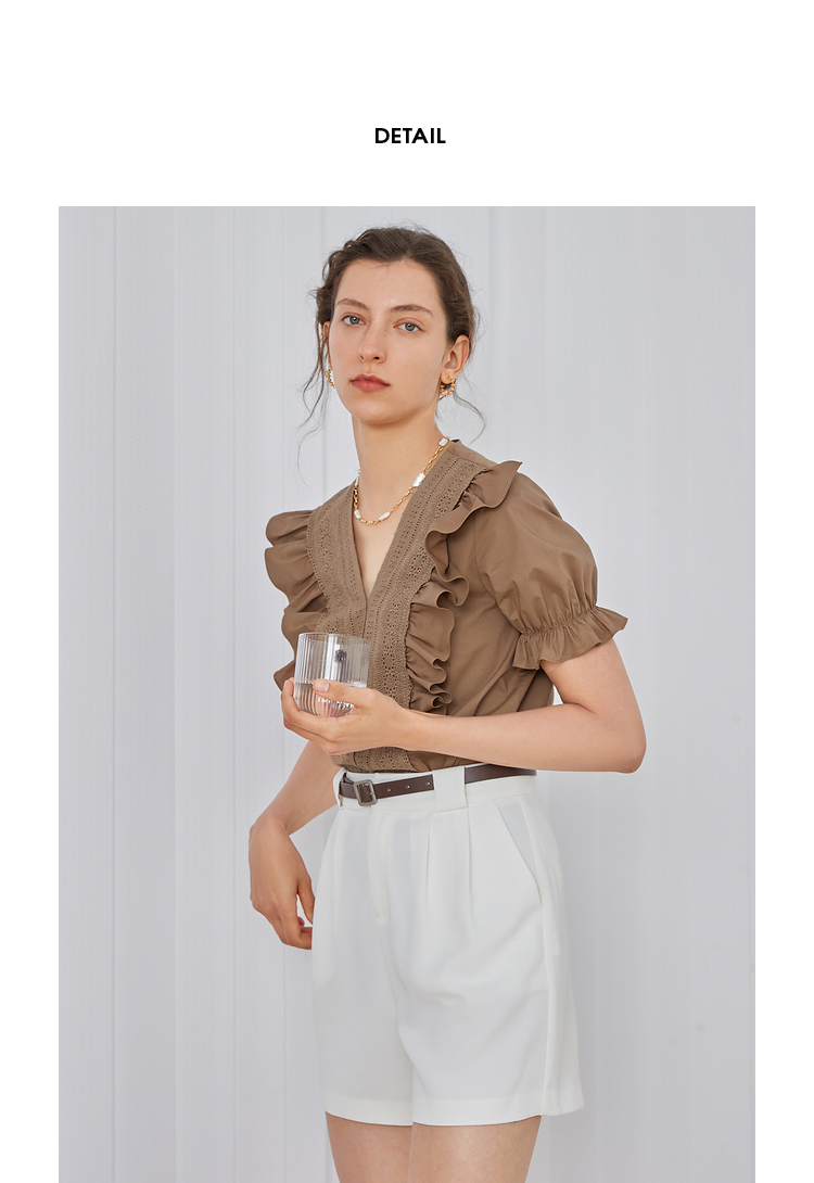 伊布都ibudu2021夏季新款v领时髦荷叶边上衣短袖花边衬衫女显瘦 咖啡