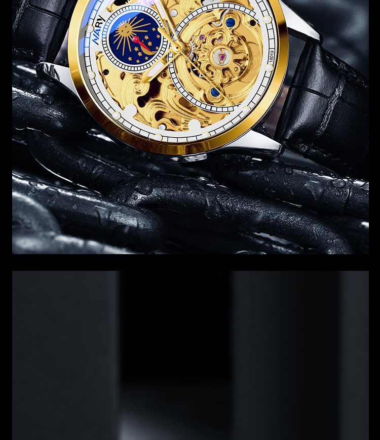 nary/耐瑞镂空月相大师陀飞轮全自动机械钢带腕表18019 黑色钢带