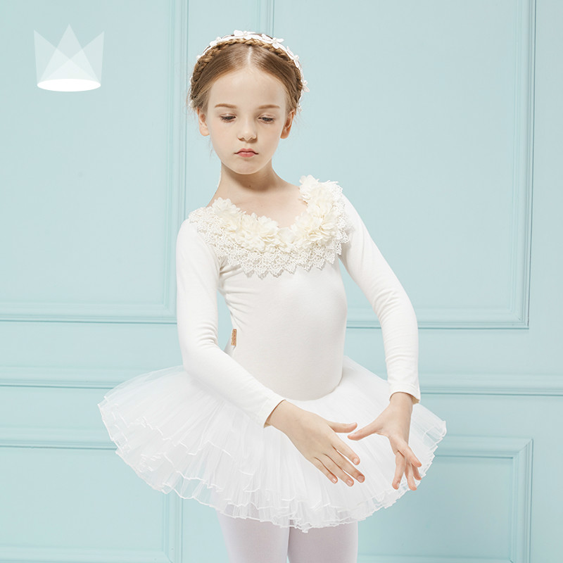 秋季儿童芭蕾舞裙女童舞蹈练功服幼儿舞蹈服装长袖领花 梨花白 110cm
