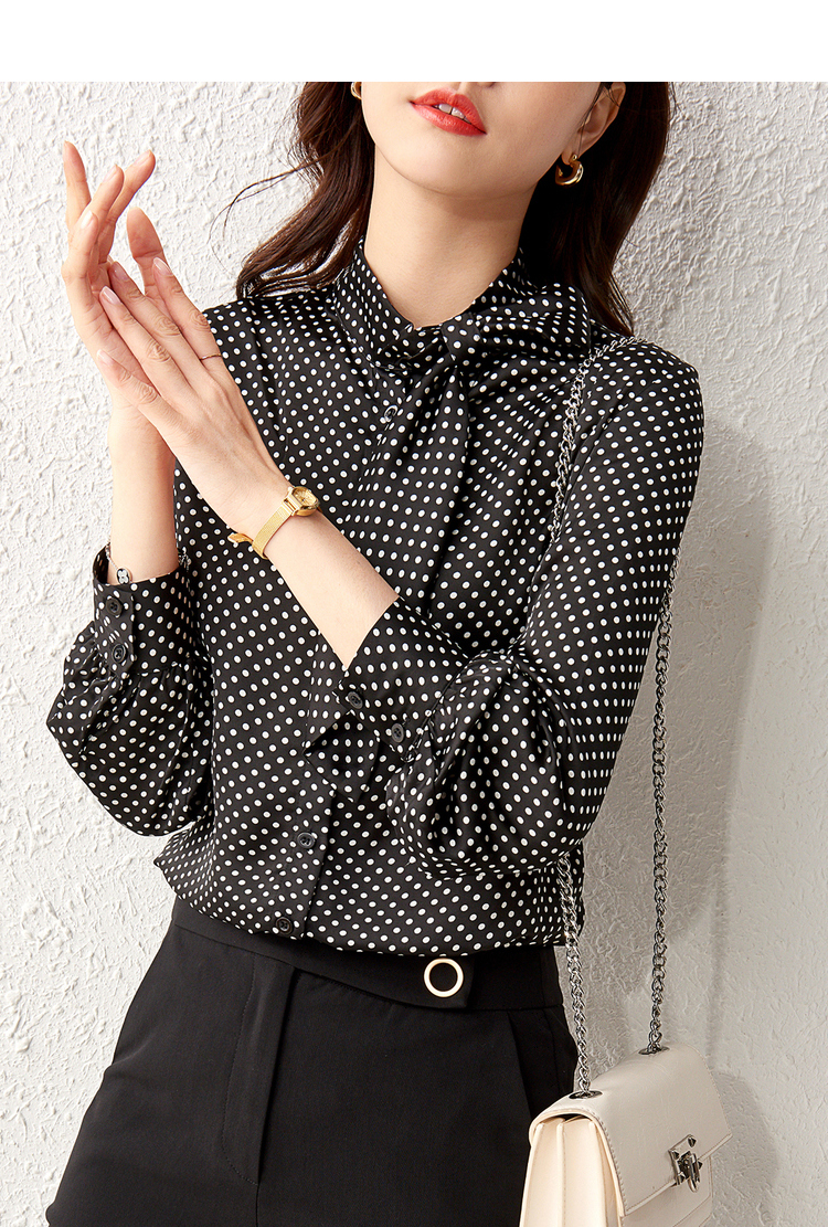 尚都比拉2021年春新款立领飘带复古波点衬衫女 黑配波点 l