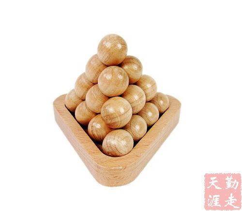 圆珠木制智慧珠 孔明锁 3d智力玩具 解锁玩具  圆珠金字塔 带底座_001