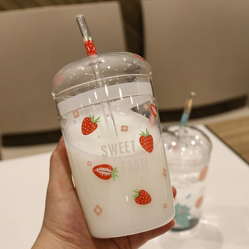 耐热杯子女可爱少女玻璃杯带吸管水杯女ins风网红创意潮流饮料杯 草莓