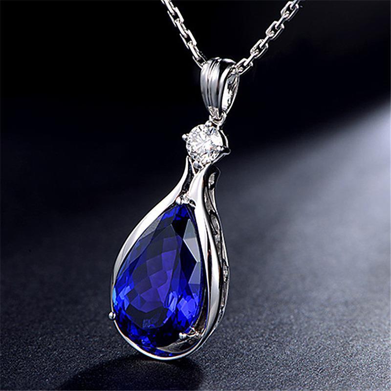 新款s925韩版13克拉5a级坦桑石吊坠蓝宝石项坠镶嵌钻石项链女 蓝宝石