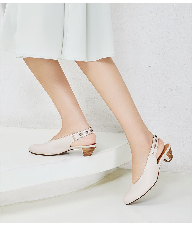 pikolinos派高雁夏季牛皮包头锥形中跟套脚通勤凉鞋pm15616 米白色 38