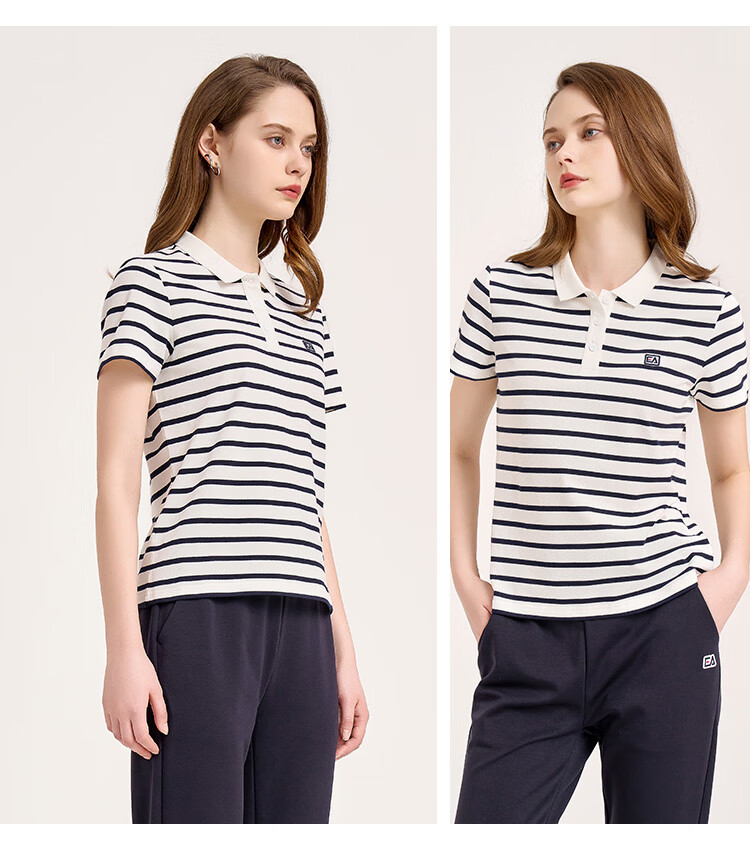 ELLE ACTIVE Vintage Striped Polo Shirt Women's Sports Casual Simple Versatile Comfortable Short Sleeve T-Shirt White/Navy XL 5
