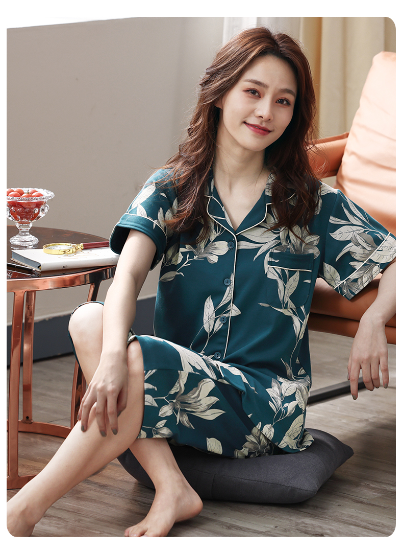 多俏美睡衣女夏季薄款纯棉短袖七分短裤大码妈妈家居服夏天洋气两件