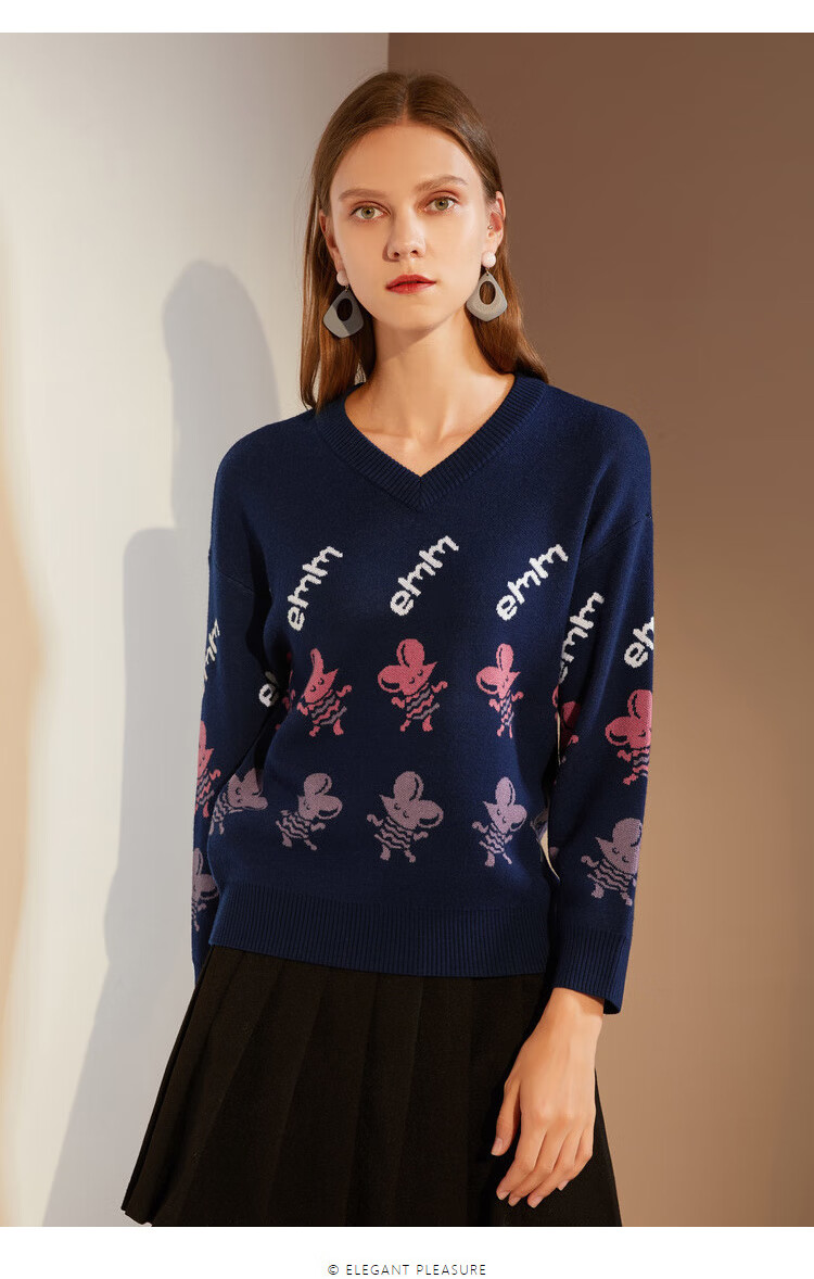 juzui/玖姿折扣店女装秋季新款纯羊毛针织套头v领毛衫女 花丈青 xs