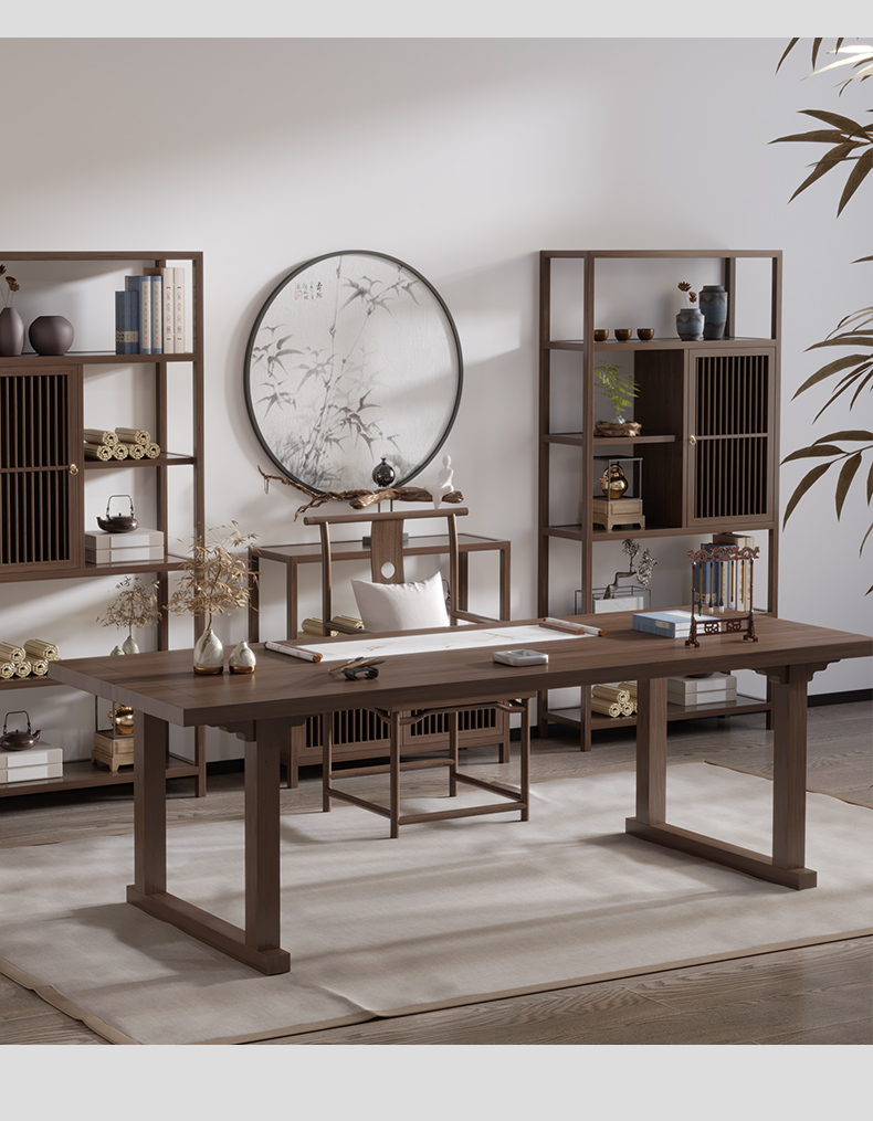 现代视觉 新中式全实木书桌书架家用办公电脑写字书法画桌书房家具