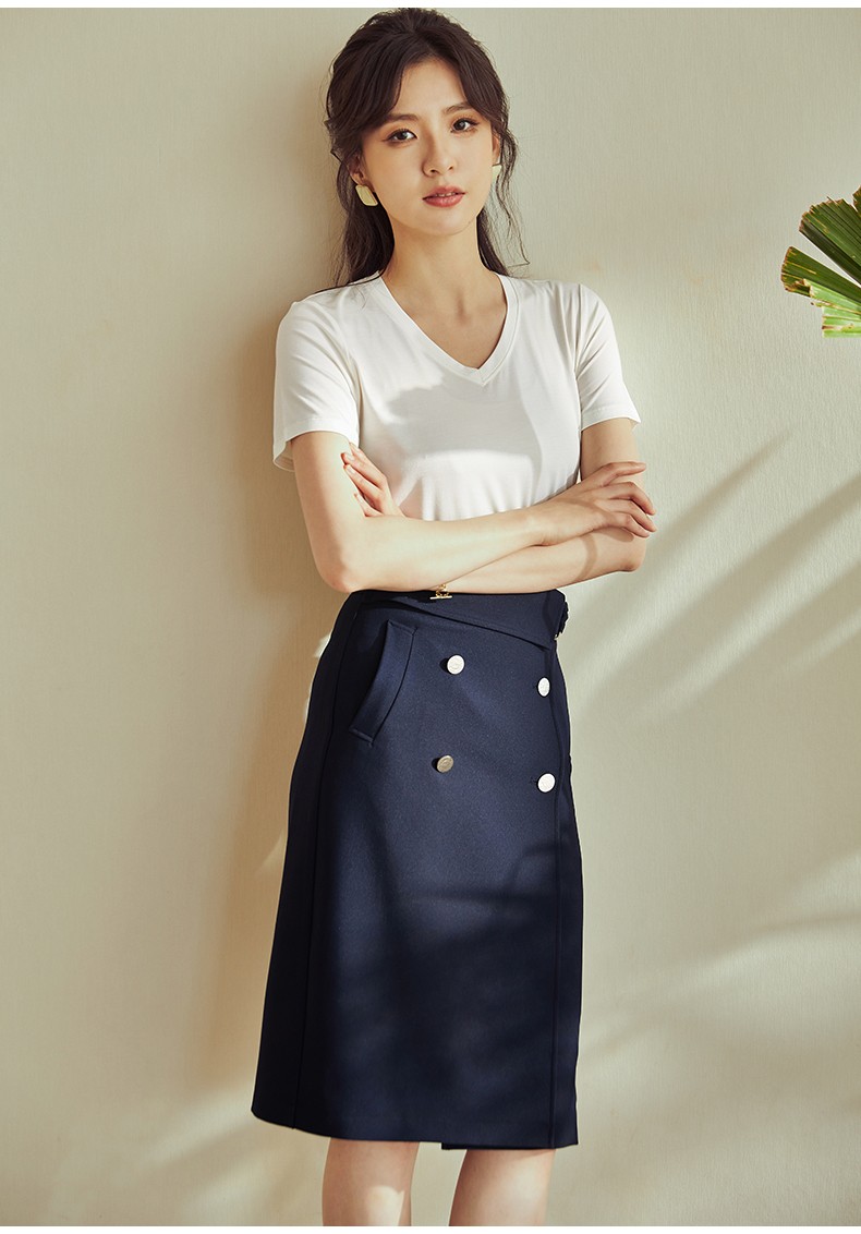 罗衣知性系带修身半身裙女夏装新款气质深蓝色中长裙子03857深蓝色2xl