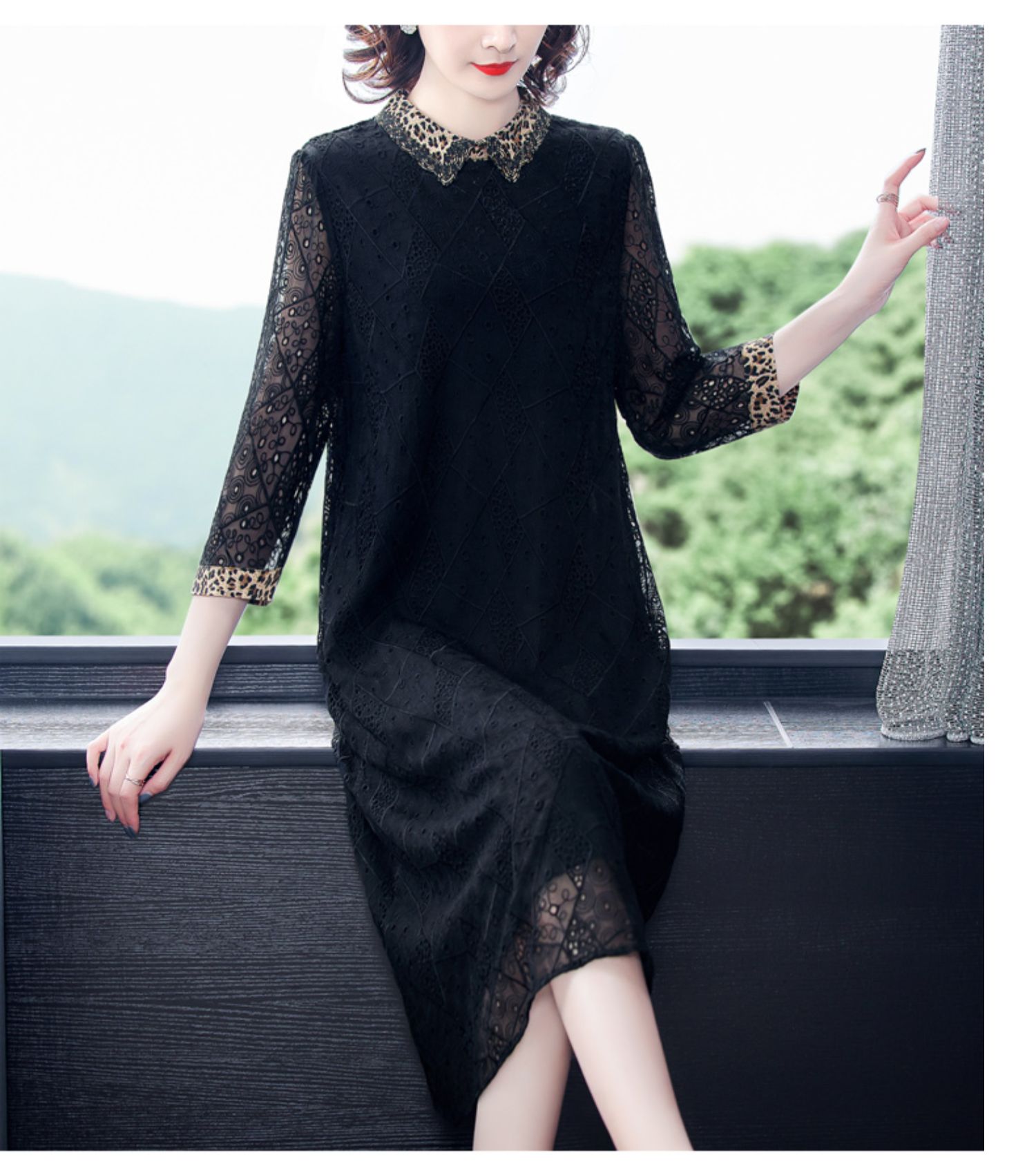 声雨竹品牌女装专柜正品同款豹纹蕾丝连衣裙女春秋长袖高端洋气名媛
