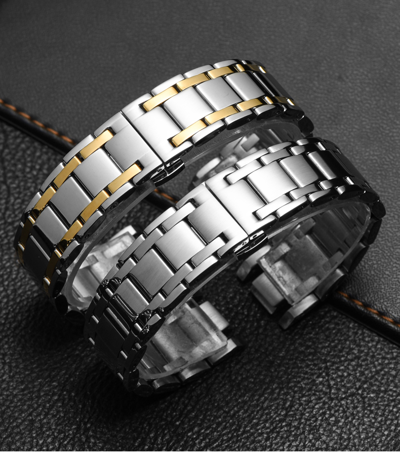 精钢表带钢带男 适配罗西尼5565 5566 5567 5568凹接口精钢表链女 银