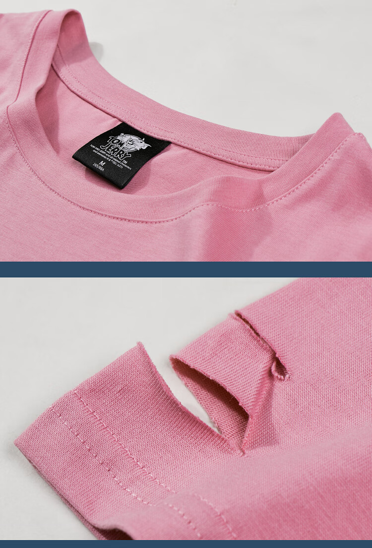 【猫和老鼠联名】三福2021夏季女破洞宽松上衣卡通t恤女439359 玫粉色