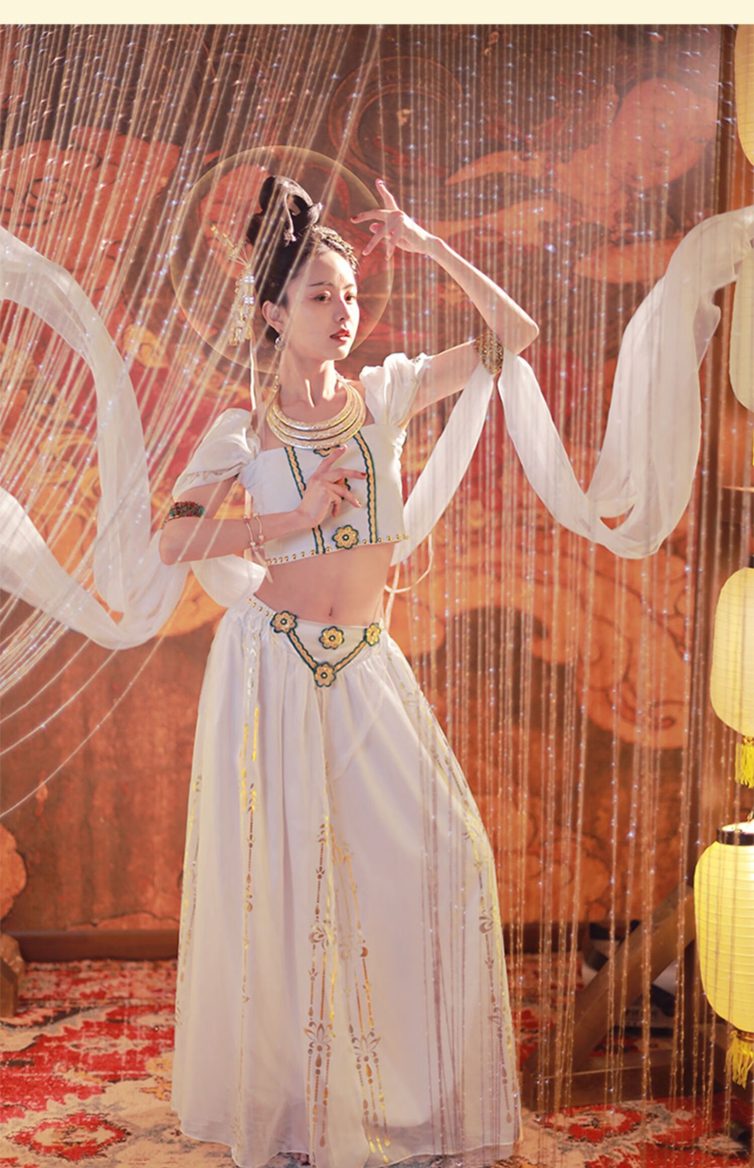 学生乐 异域风情舞蹈演出服装敦煌舞服飞天汉服印度西域舞姬服饰 白色