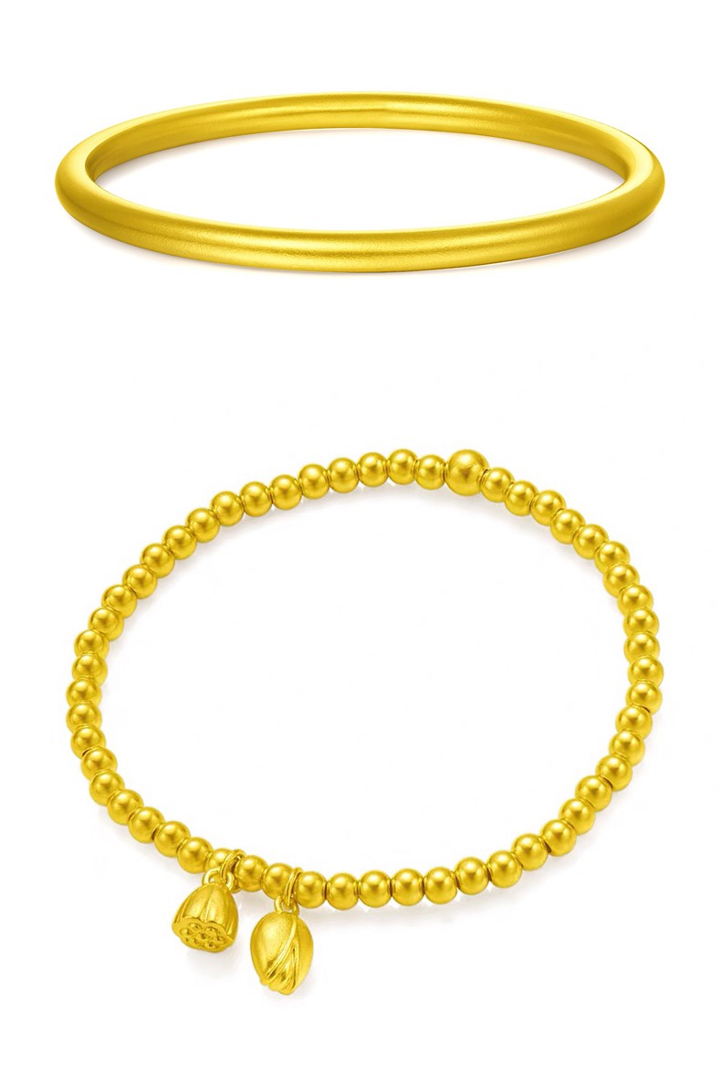 红色年轮 两世欢黄金手链女足金三生三世素圈古法金手镯 3d硬金莲子