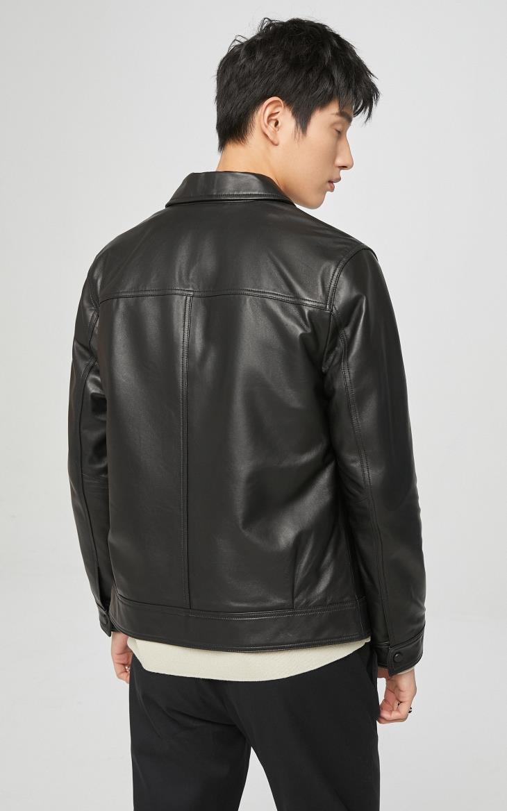 selected思莱德男羊皮翻领多口袋拉链商务休闲皮衣s421110018 黑色