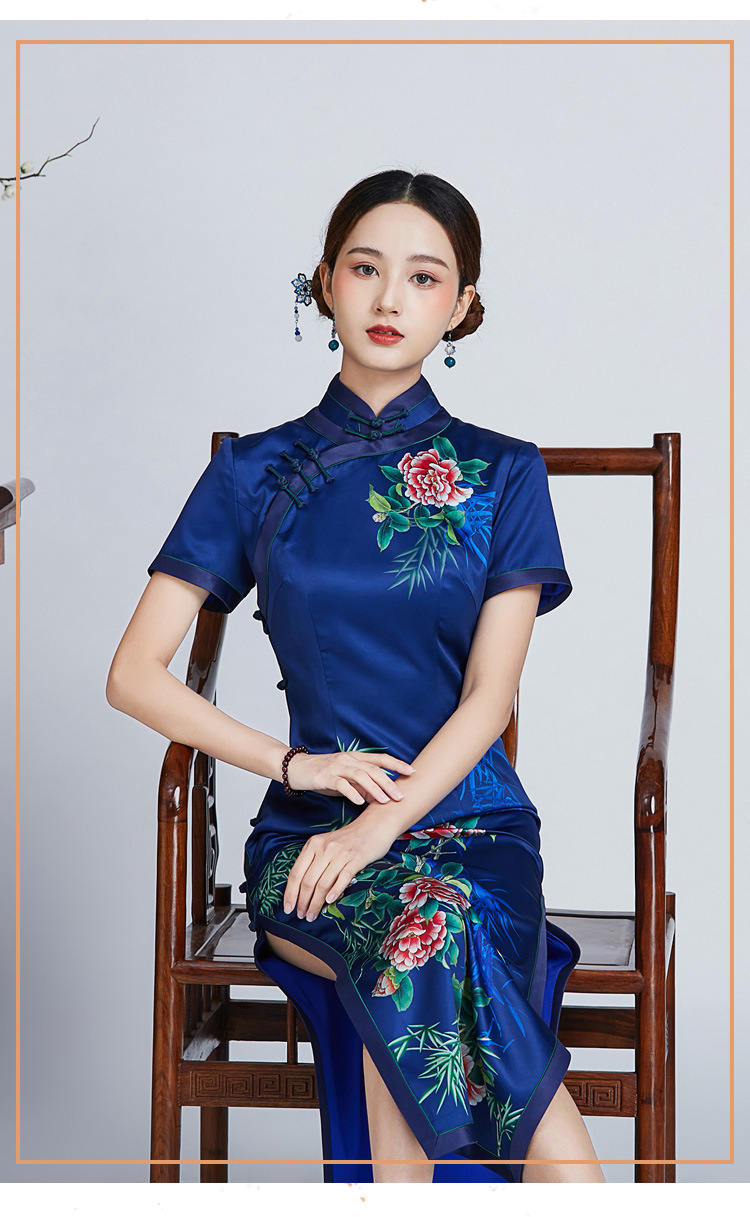 旗袍女修身年轻款夏季新款中国风礼服高端气质桑蚕丝旗袍连衣裙 蓝色