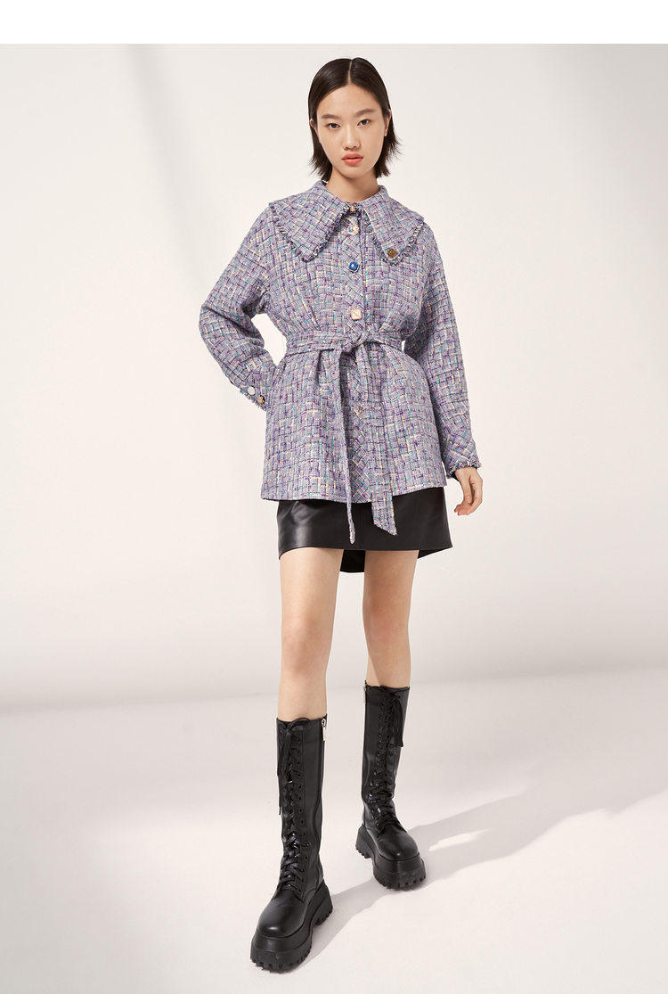 恩裳2021春季皮特潘领名媛粗花呢小香风外套女腰带收腰中长款 浅紫 36