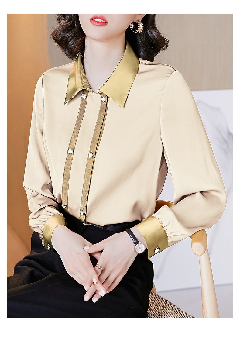 伯莎丹顿品牌真丝衬衫女缎面2021春弹力重磅桑蚕丝衬衣撞色拼接长袖