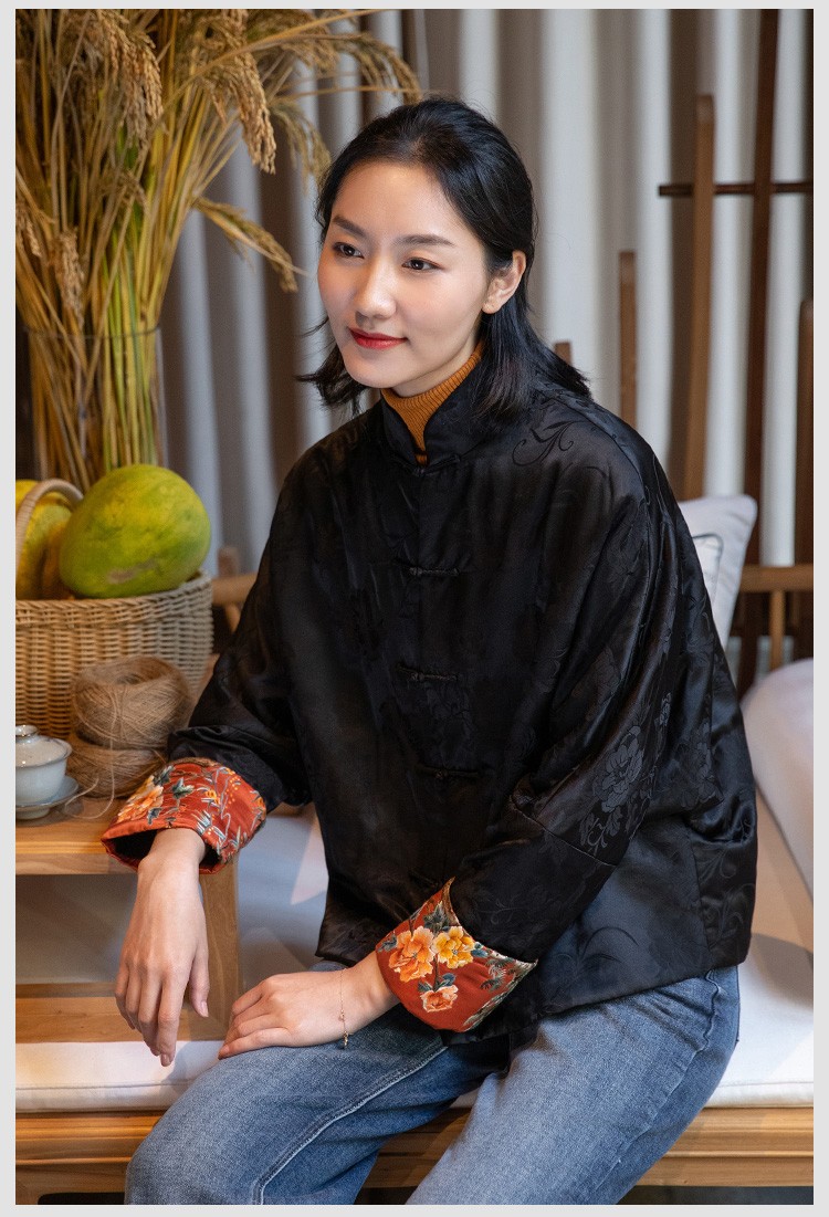 菲伊唐真蚕丝绣花盘扣宽松蝙蝠袖复古中式改良唐装女夹棉立领衣外套女