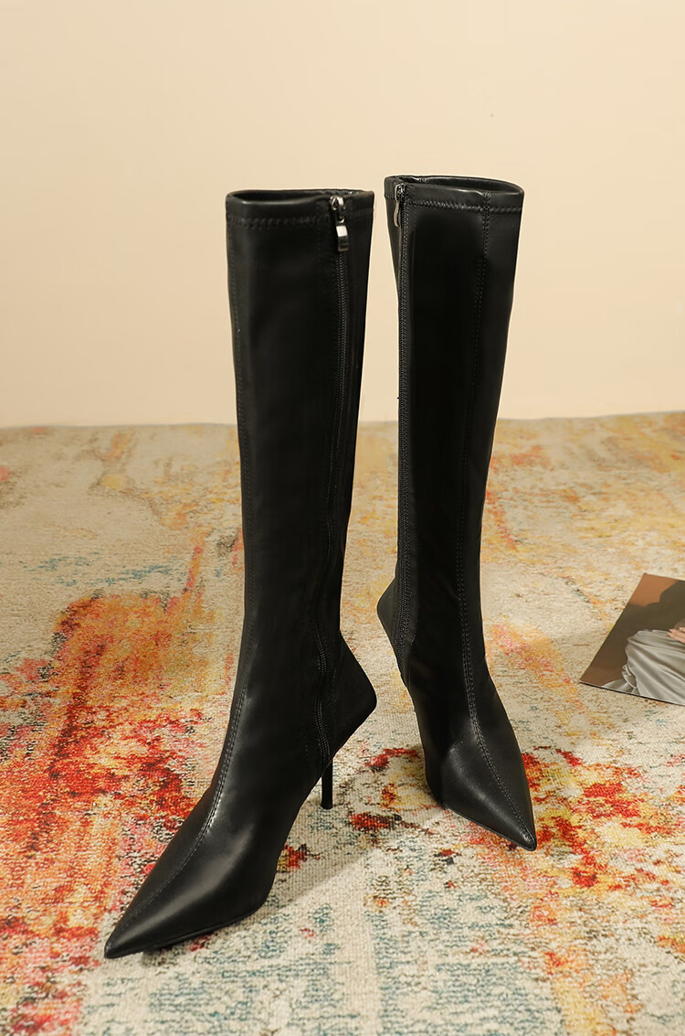 女士细高跟长筒靴子显瘦长靴女冬瘦瘦靴尖头骑士靴高跟高筒单靴 绿色