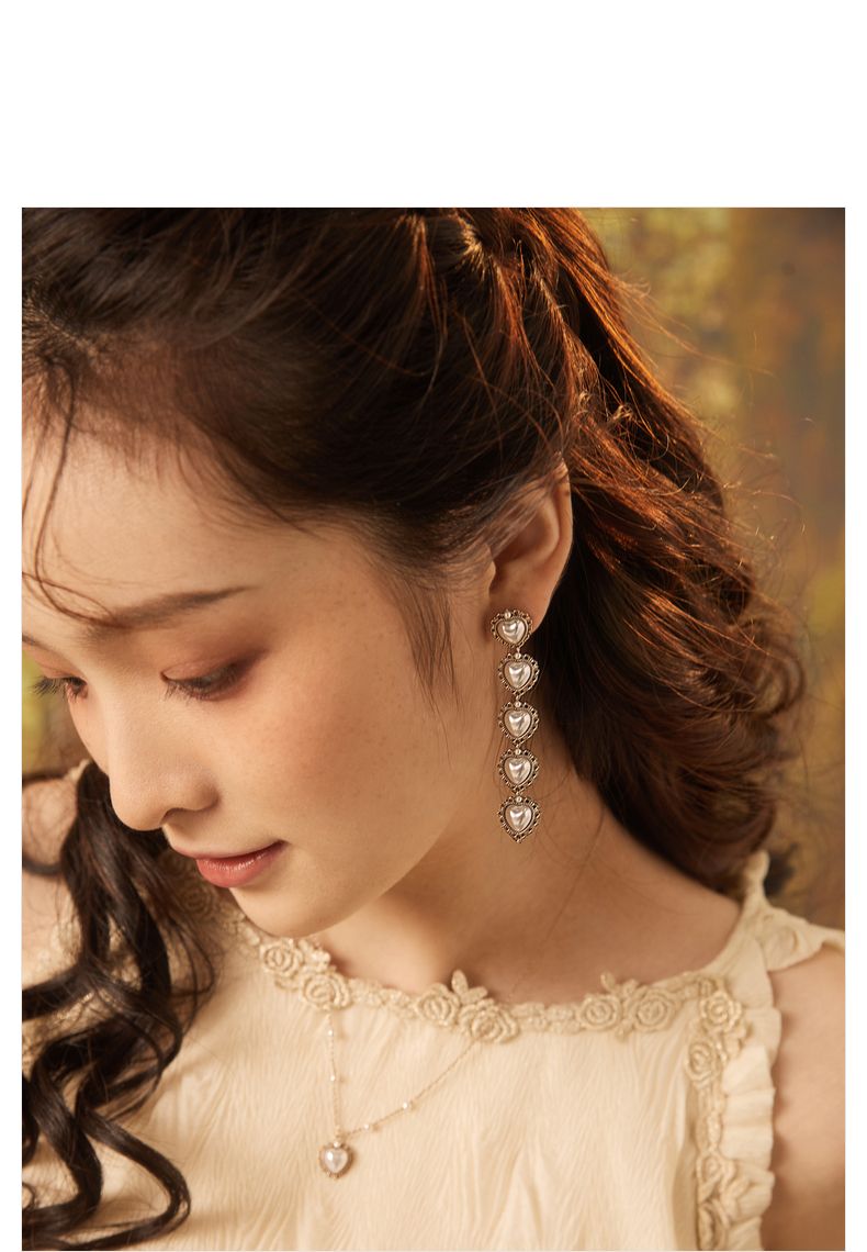 阿吉豆天使系列爱心珍珠拼接长耳环复古高级感气质耳环冷淡风耳饰复