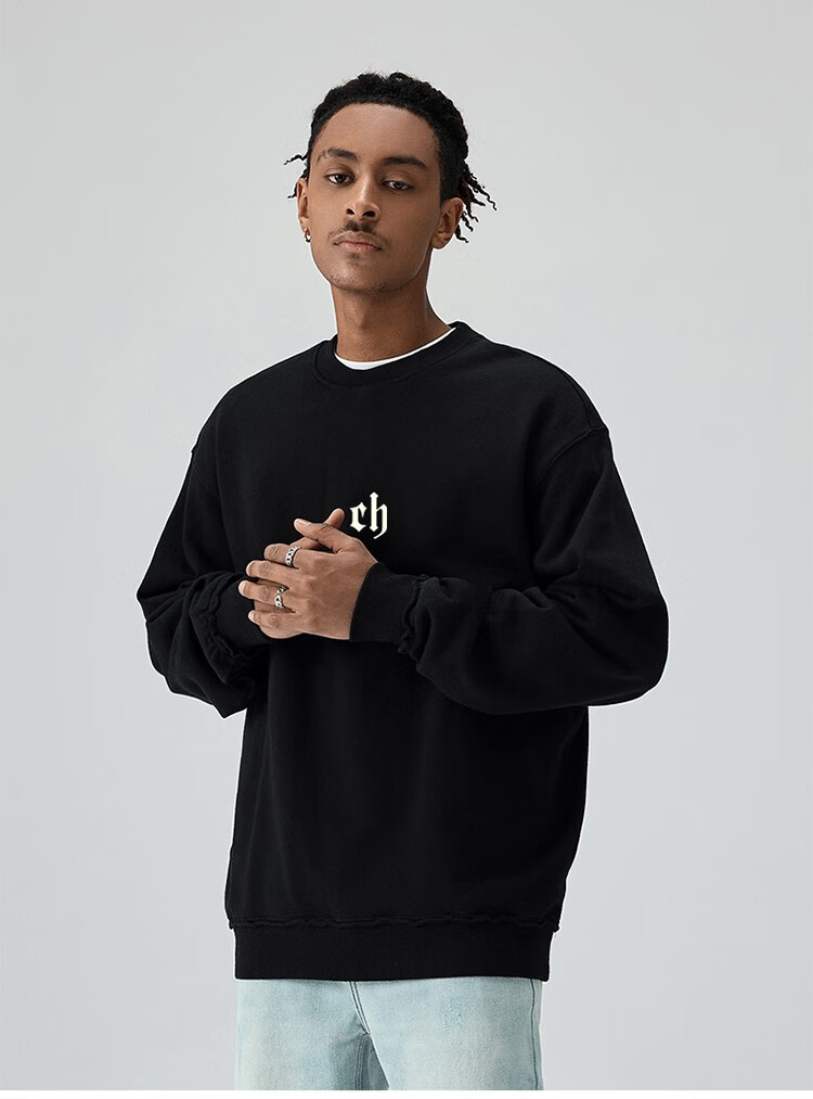 潮牌国潮ch无帽圆领卫衣男秋款重磅美式高街百搭情侣上衣cb字母 黑色