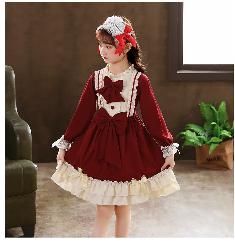 洛丽塔儿童爱丽丝女童连衣裙秋装长袖蕾丝拼接红色甜美公主a字裙小
