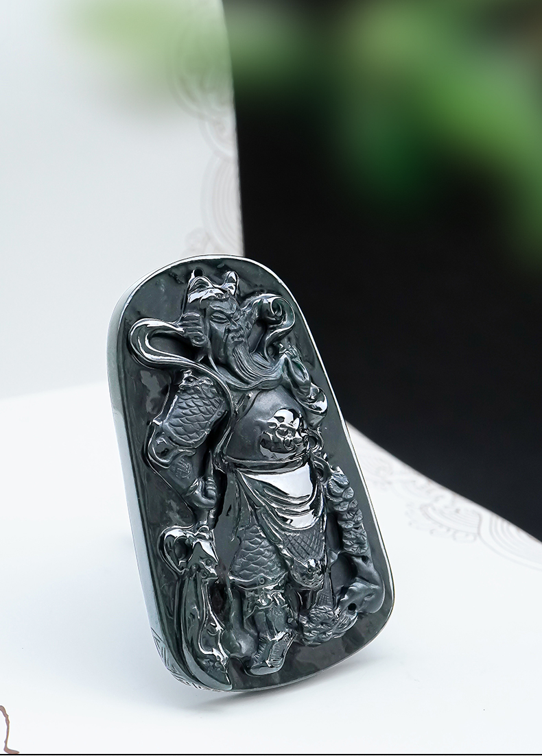 百博翡翠墨翠关公吊坠男款雕工精美关羽玉坠缅甸天然玉石挂件带证g