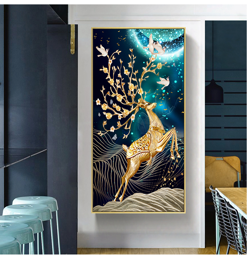 玄关装饰画简约现代进门过道走廊壁画客厅背景墙竖版装饰轻奢金鹿挂画