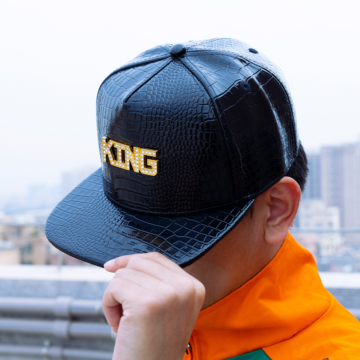 rogosky 专柜潮牌男士春夏新款欧美嘻哈king帽子优质pu皮平沿斜纹棒球