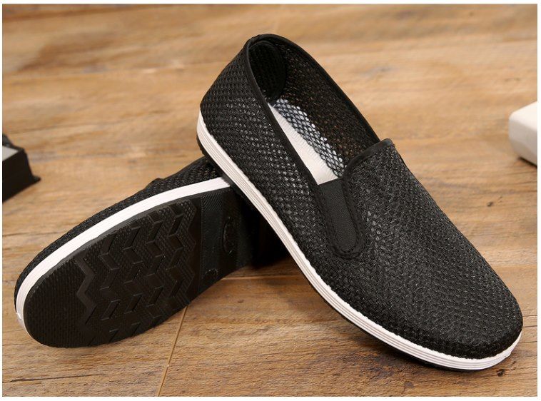 男款老北京网眼洞洞休闲布凉鞋夏季中老年一脚蹬软底透气单鞋方口黄色