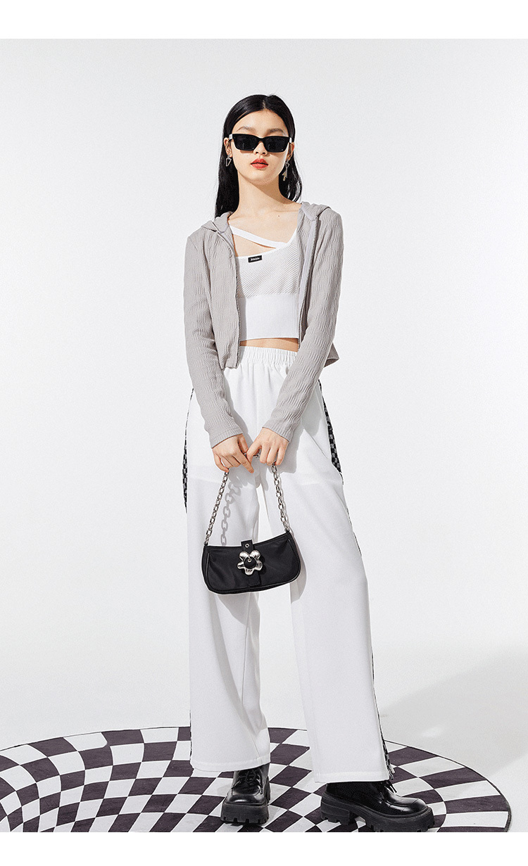 太平鸟针织开衫女2021春秋新款肌理感短款连帽修身长袖t恤女薄款 灰色