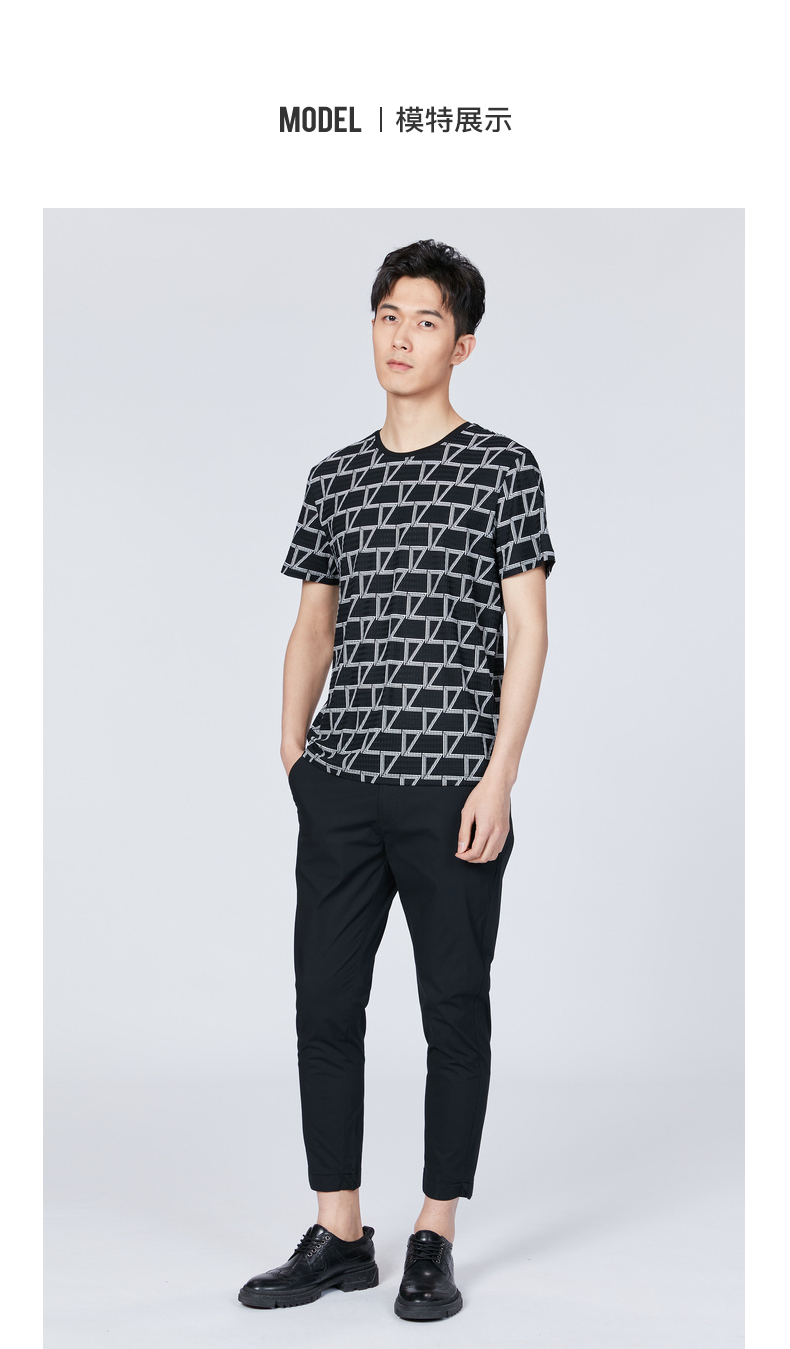利郎短袖t恤男圆领时尚印花2021夏季新品修身弹力t恤 黑白间色(20xtx