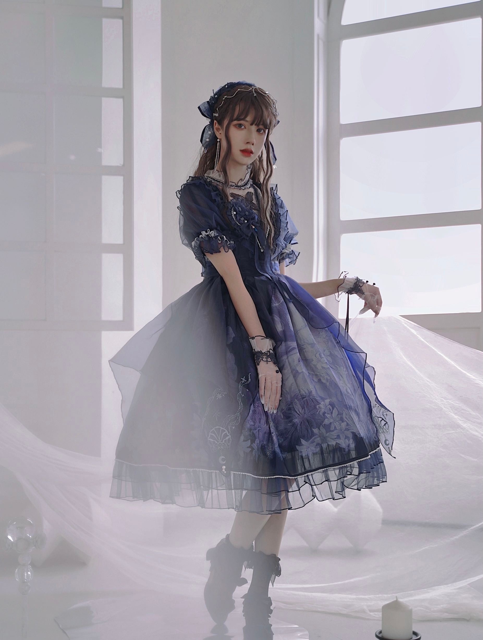 深海医院 原创正品华丽珍珠刺绣lolita洛丽塔op洋装甜美连衣裙 浅蓝色