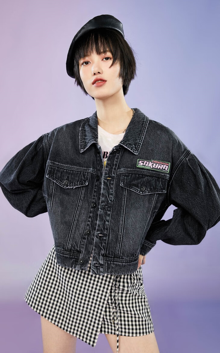 only夏季新款百变小樱灯笼袖百搭风衣牛仔外套女120354001 e06 烟灰色