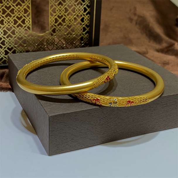 烧蓝古法镂空国金黄金手镯福字复古新款999足金镯子女金磨砂面古法