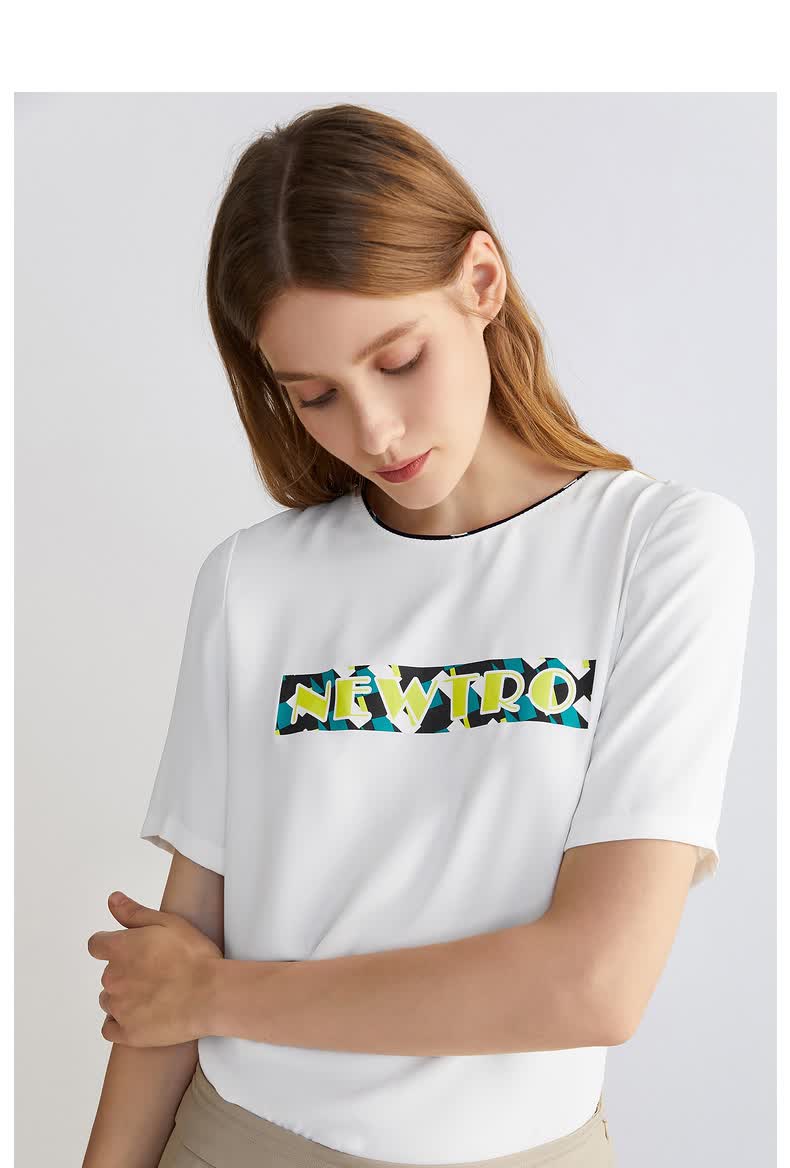 俪雅春夏休闲印花圆白色印字t恤上衣女2021年商场同款白色16080am