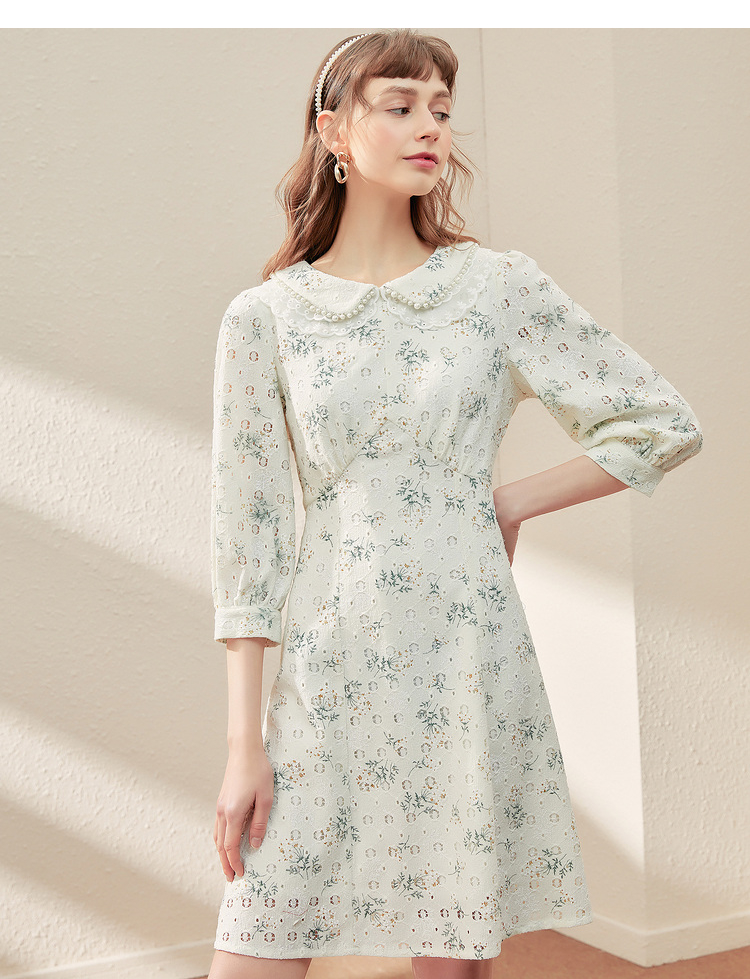 娃娃领蕾丝连衣裙女衣香丽影2021年春季气质显瘦泡泡袖裙子 白底花色