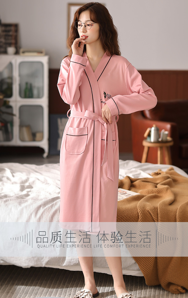 莫代尔睡袍女春秋季纯棉长袖浴袍女士长款睡衣日式家居服全棉浴衣粉色