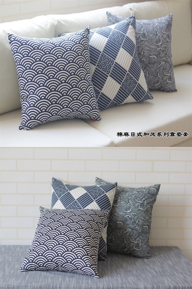 日式和风波纹抱枕套棉麻布艺靠腰沙发汽车靠垫不含芯格子水纹素雅信号