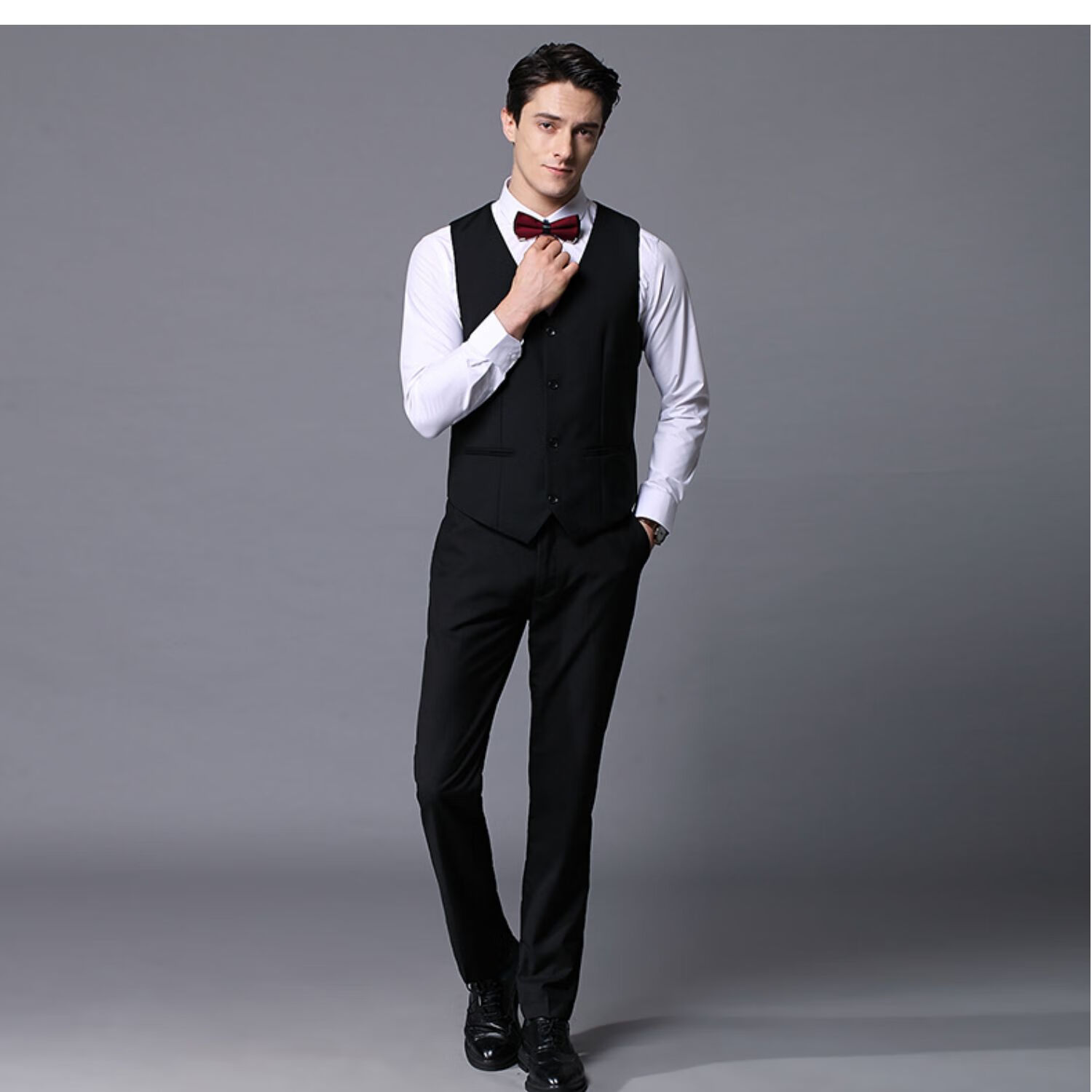 西裤修身套装西服秋伴郎团结婚礼服兄弟装 黑色格纹_马甲 西裤 白衬衫