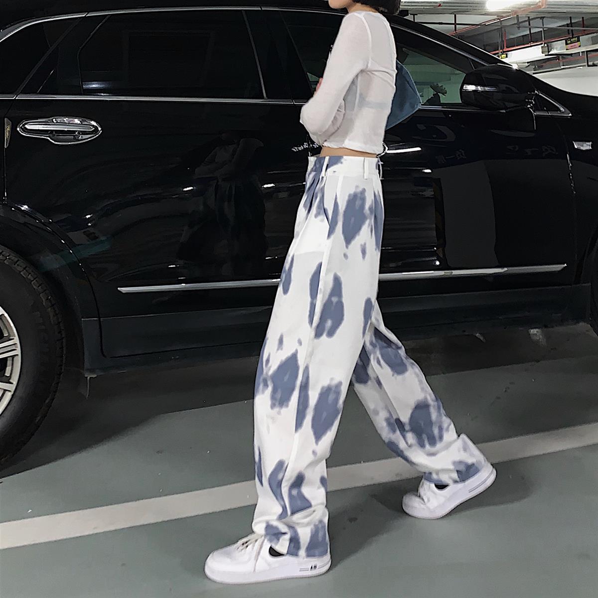 垂感裤子女2021韩版新款ins潮扎染直筒长裤宽松显瘦阔腿裤休闲裤 白色