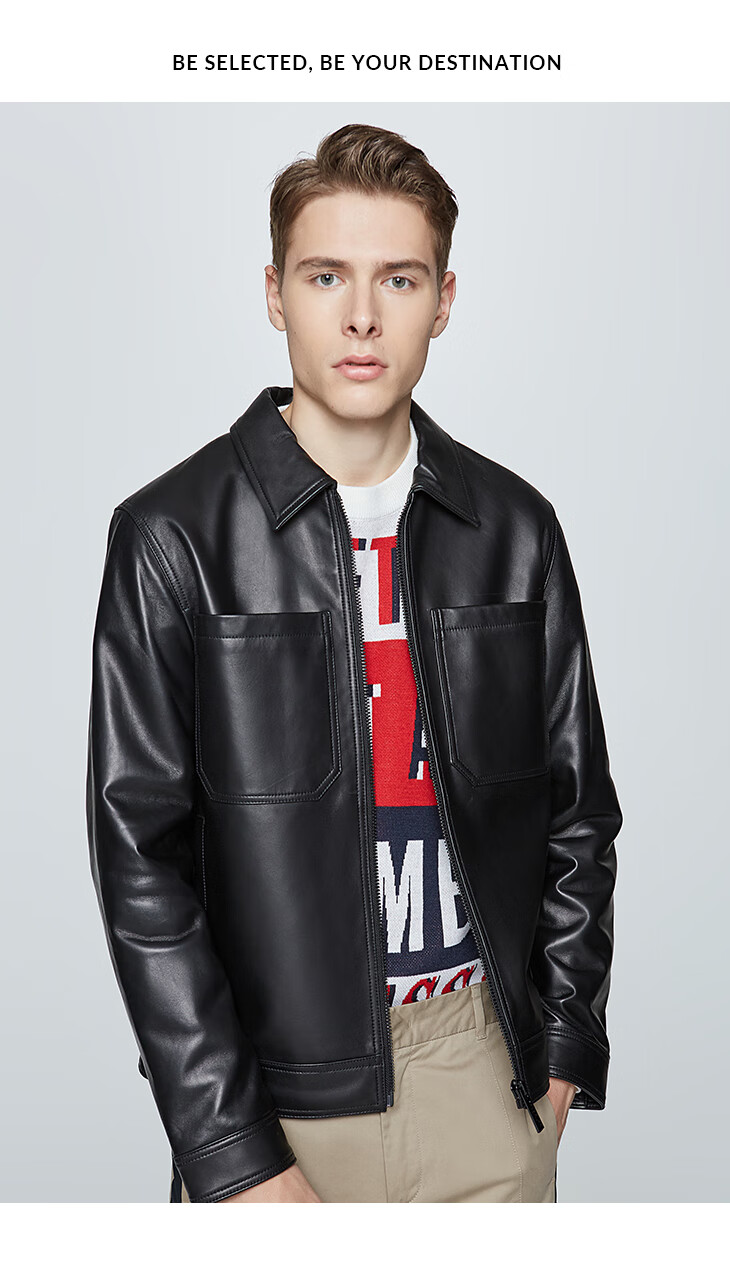 selected思莱德男士新品羊皮翻领拼接复古多口袋皮衣s420410003 黑色 