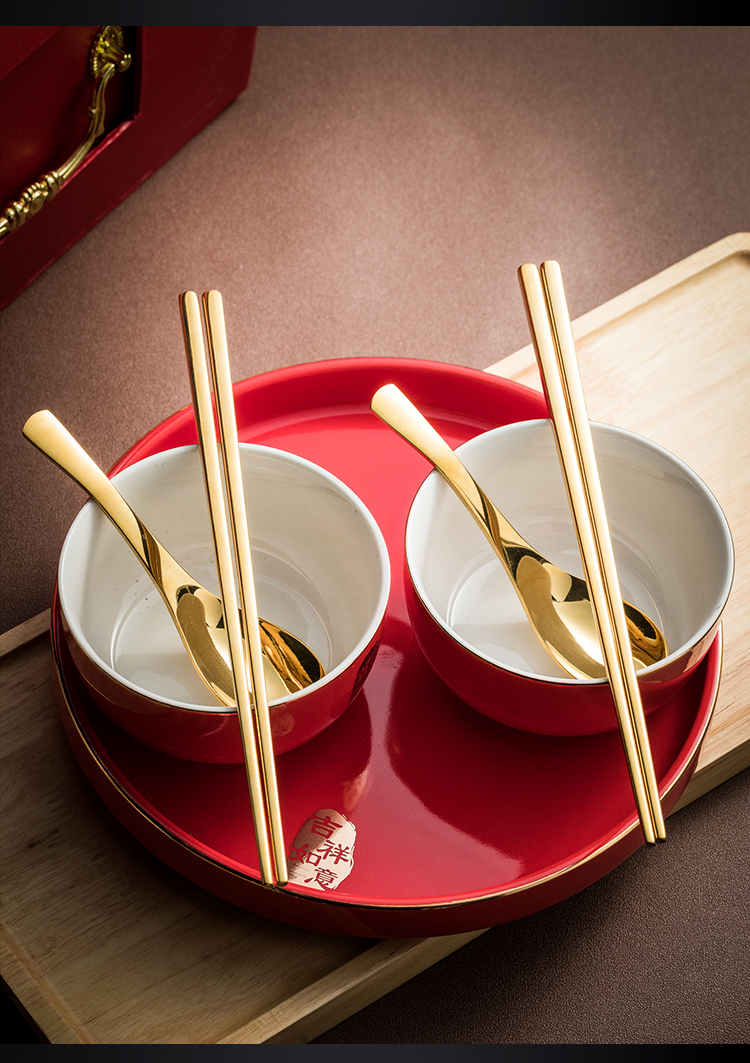 结婚喜碗筷勺套装红色甜面碗陪嫁夫妻对碗同心碗闺蜜
