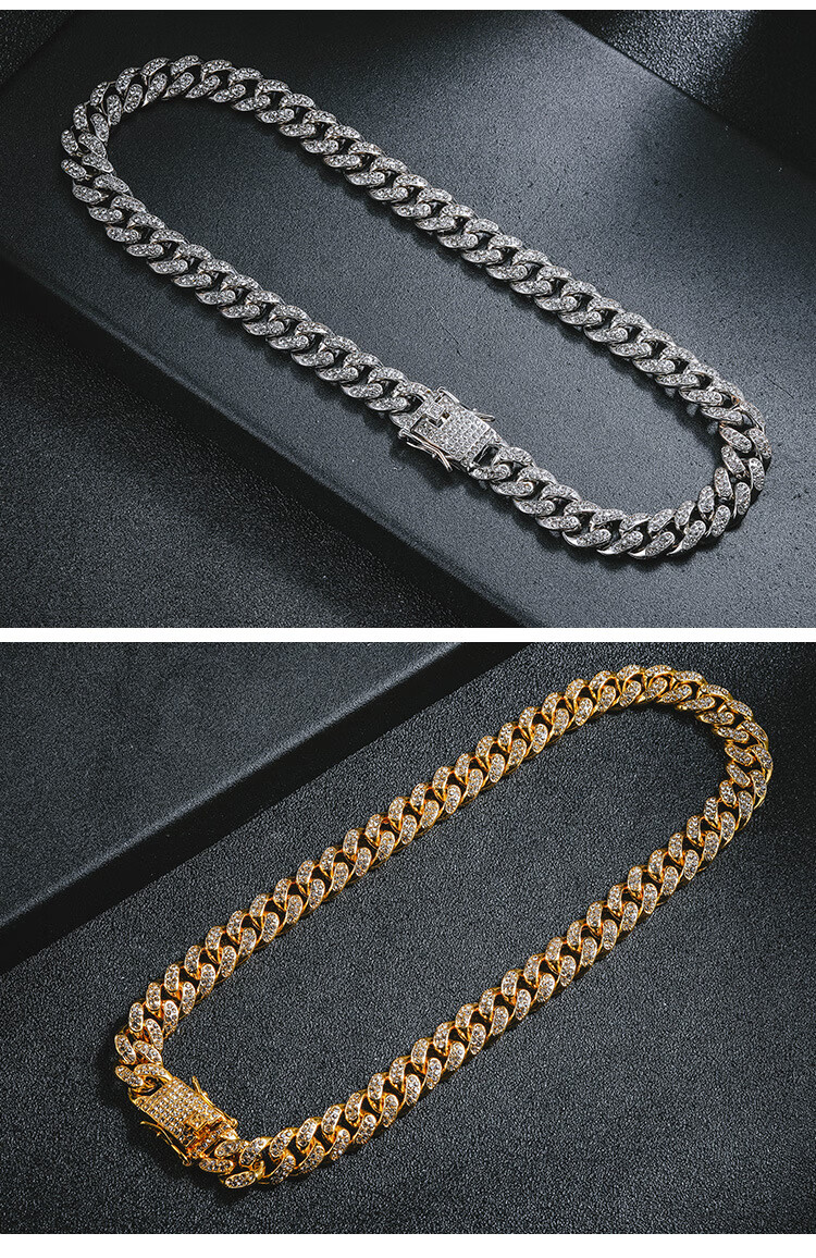 链满钻男女粗款合金古巴手链嘻哈带钻古巴项链男女款 金色55cm【图片