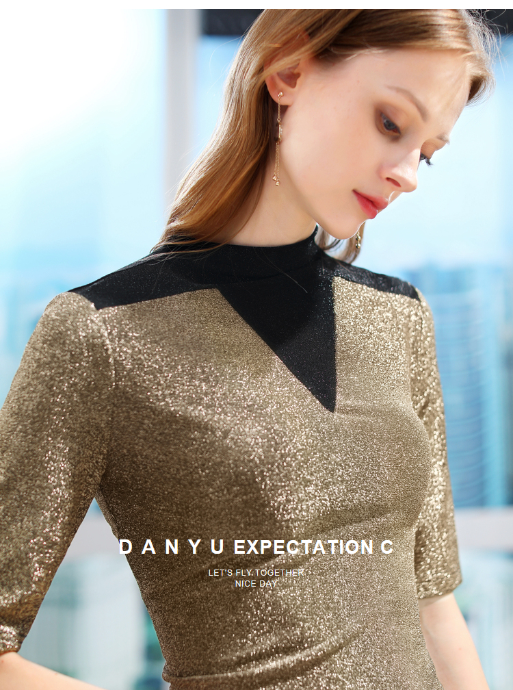 中袖t恤女欧洲站2021春小衫亮丝半高领拼接欧货小衫紧身上衣 黑色金领